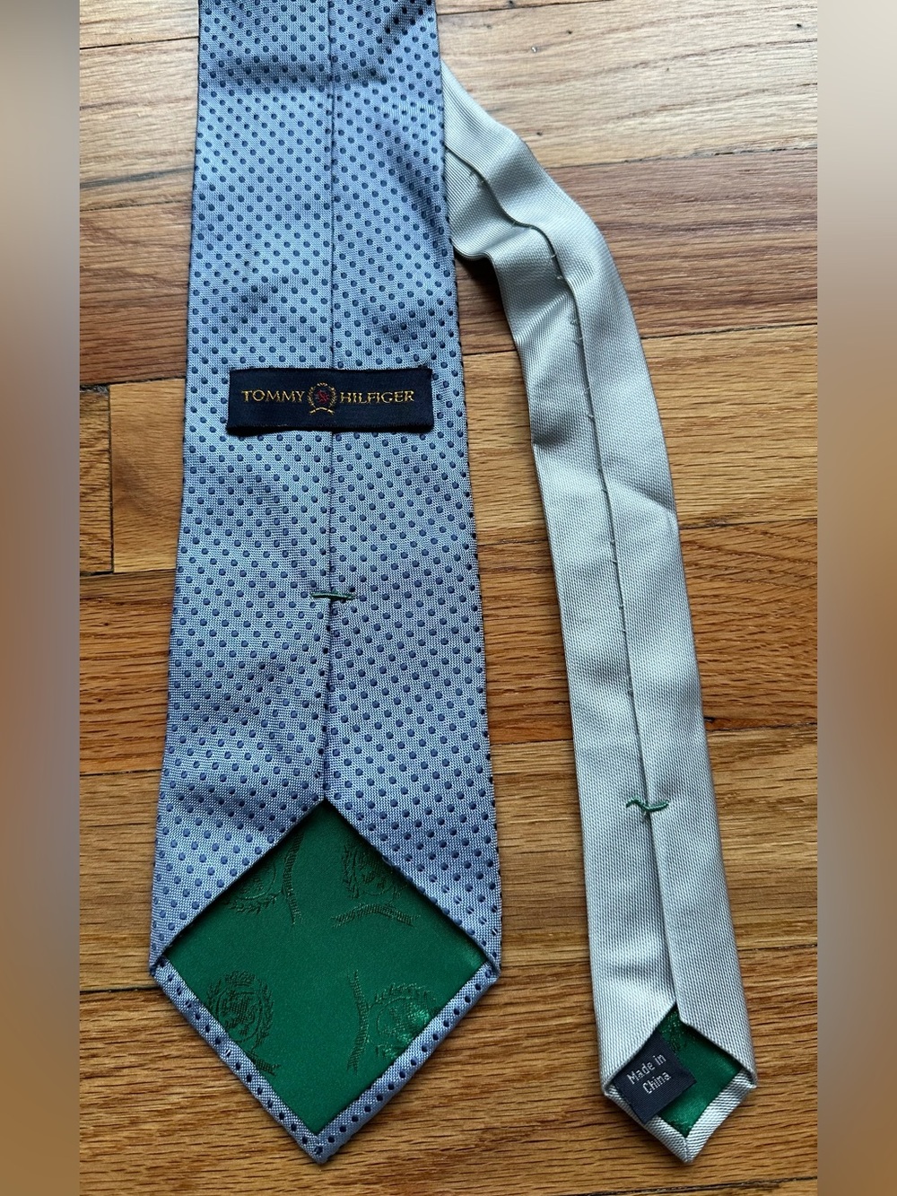 Vintage Y2K Tommy Hilfiger 100% Silk Tie Light Blue Navy Dot Woven